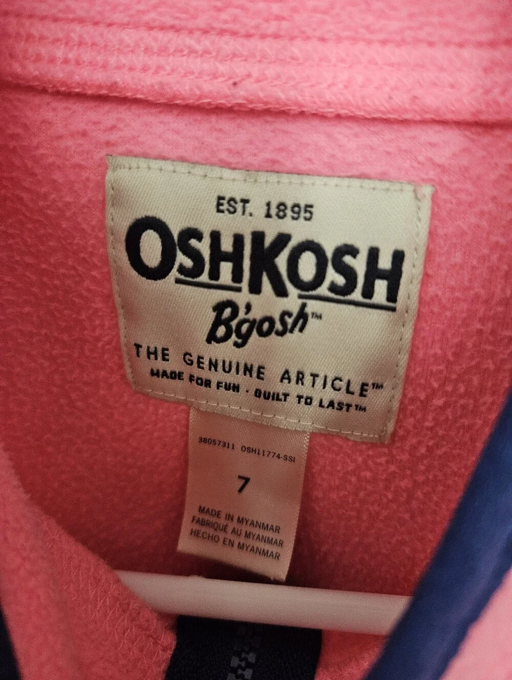 OshKosh B'gosh Neon Pink Fleece Jacket with Navy Trim Girls 7 Fall Winter Summer
